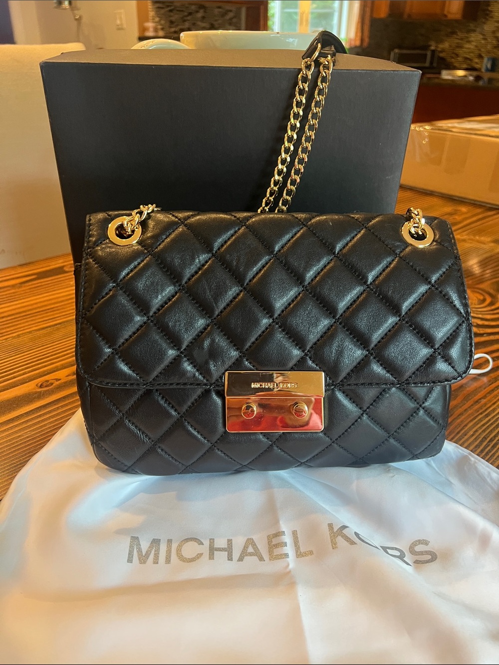 Michael Kors Black Quilted Leather Shoulder Bag with Gold Hardware